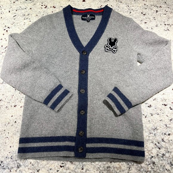 PSYCHO BUNNY Fulton Cardigan Sweater 498, Heather Grey Storm Skull Bunny, Unisex - Picture 2 of 16